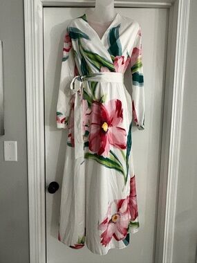 Annah Hariri Modest White Floral Wrap Maxi Dress with Pink & Green Blooms Size 6